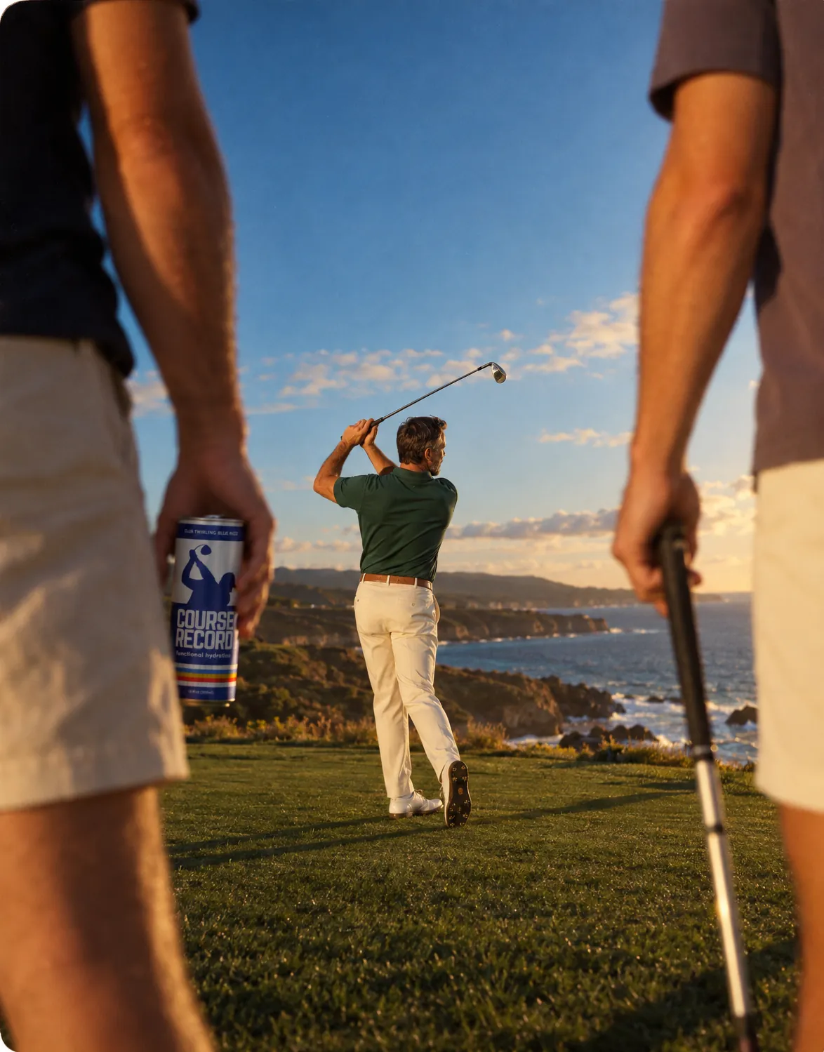 A golfer swings, framed between two friends holding cans