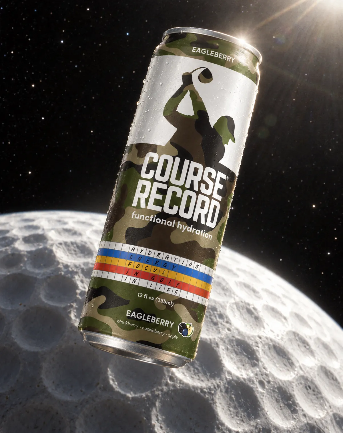 The Eagleberry can floating above a giant golf ball