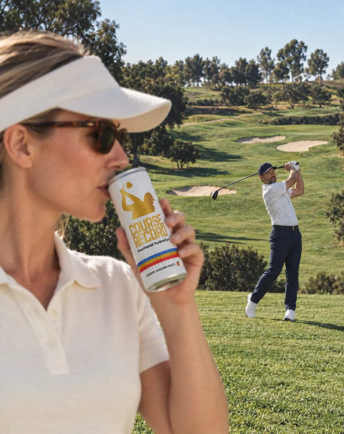 A golfer sips a can in the foreground while another swings
